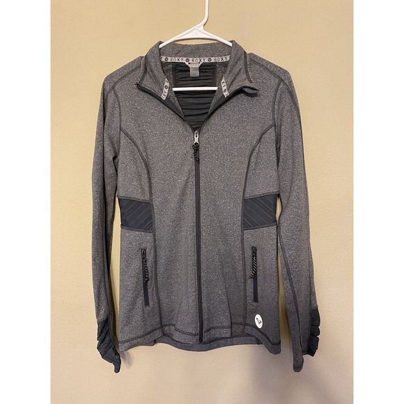 NWOT Roxy Athletic Gym Jacket Zip Up Two Tone Gray Women Sz M Thumb Hole - Picture 1 of 6